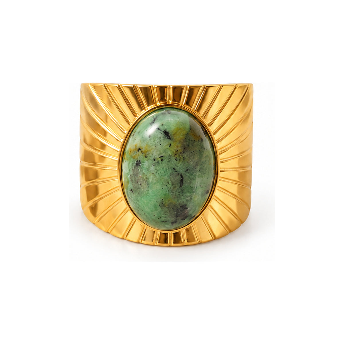 The WOO Green Room gold ring with green stone on a pure white background