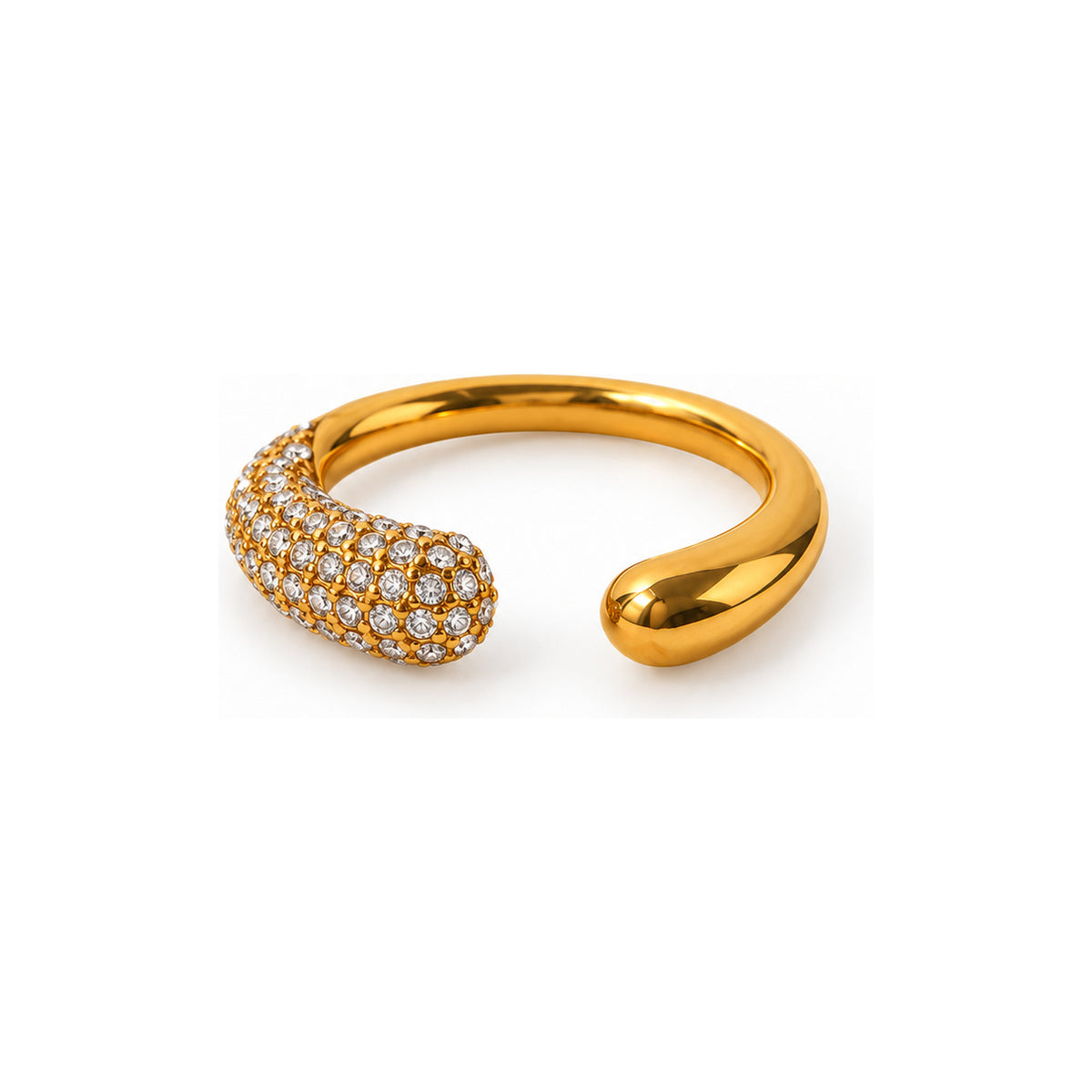 The WOO Split Screen gold open ring on a pure white background
