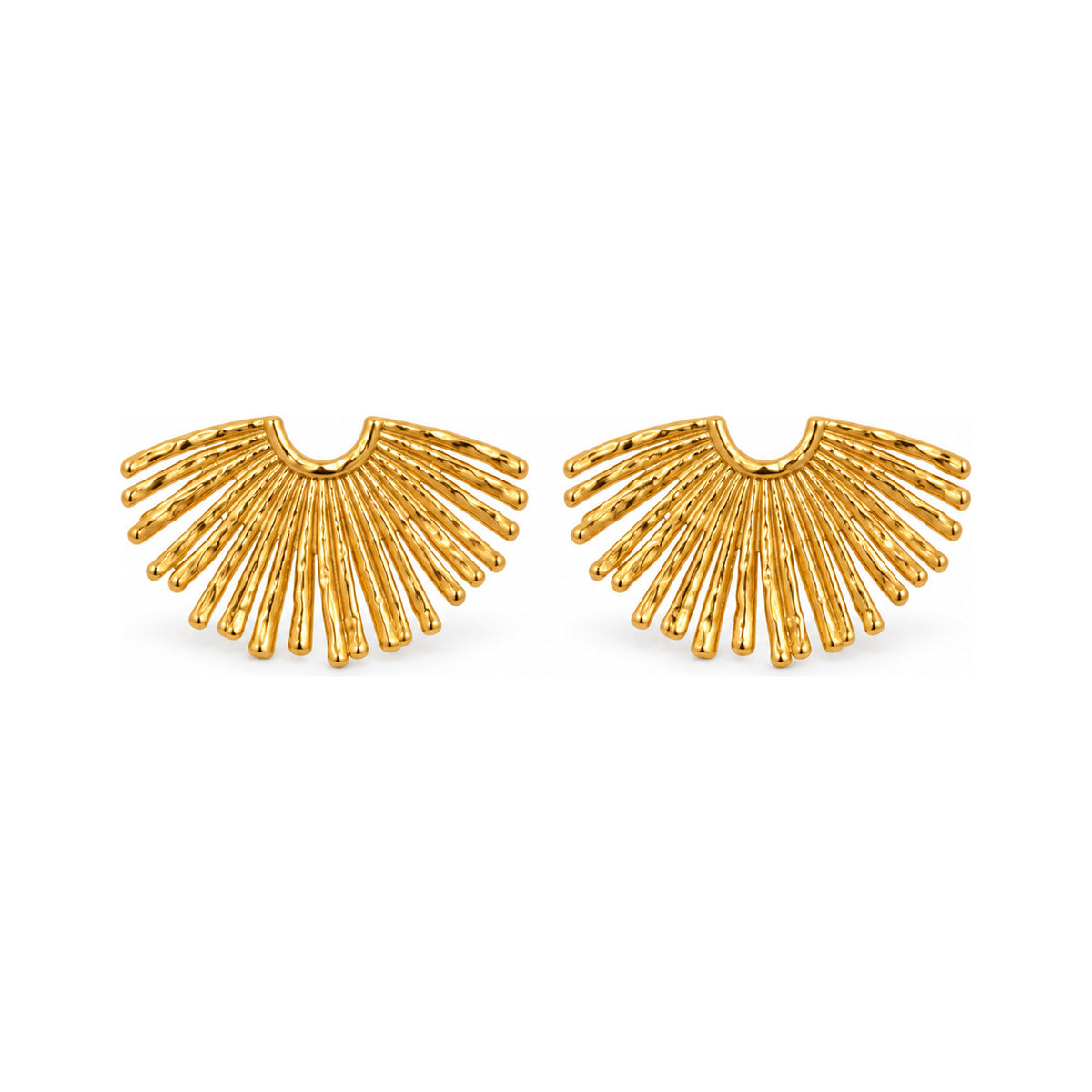 The WOO Spotlight fan-shaped gold earrings on a pure white background