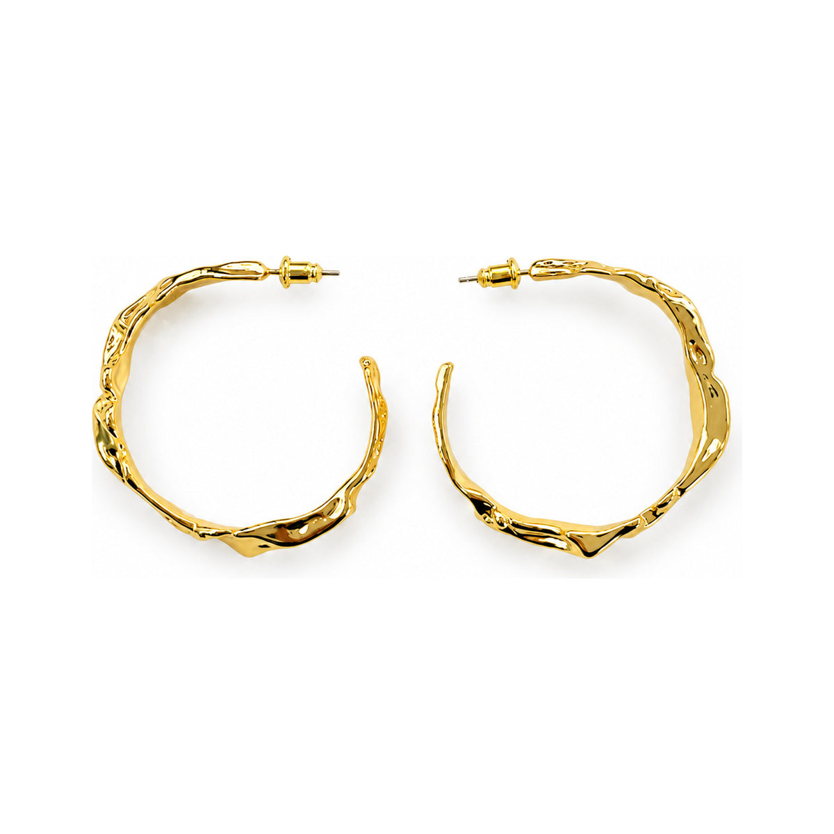 The WOO Jump Cut irregular gold hoop earrings on a pure white background