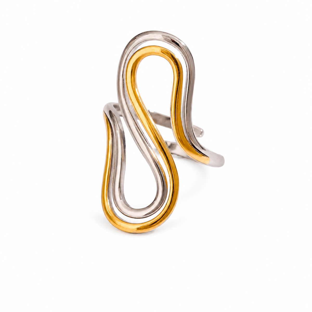 The WOO Story Arc Ring in gold and silver on a white background
